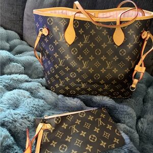 Brown Coated Canvas Monogram Tote with Pink Lining